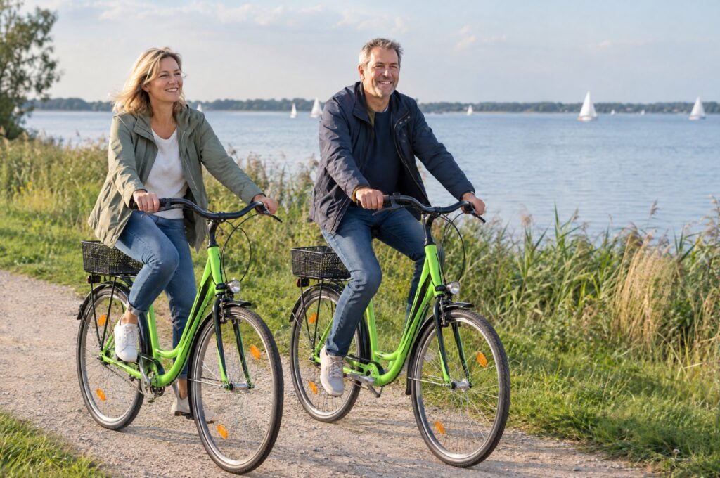 Paar fährt auf den hellgrünen Leihrädern des Hotel Nanis am Ufer des Steinhuder Meers, Bild mit KI erzeugt